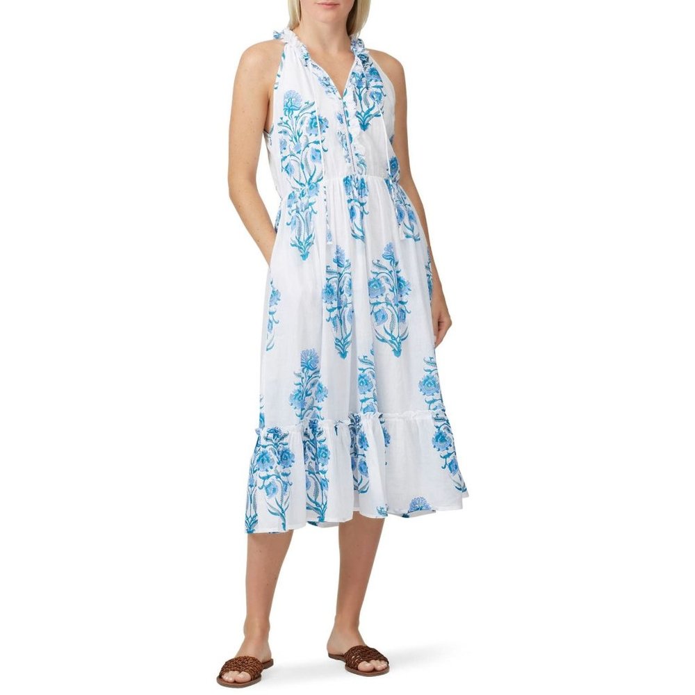 Roller Rabbit White Midi Dress with Turquoise Floral Print